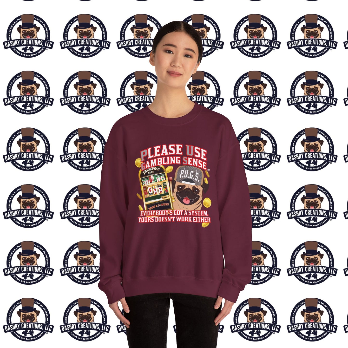 Slots “Everybody’s Got A System” Tan & White Backwards Baseball Cap Unisex Heavy Blend™ Crewneck Sweatshirt