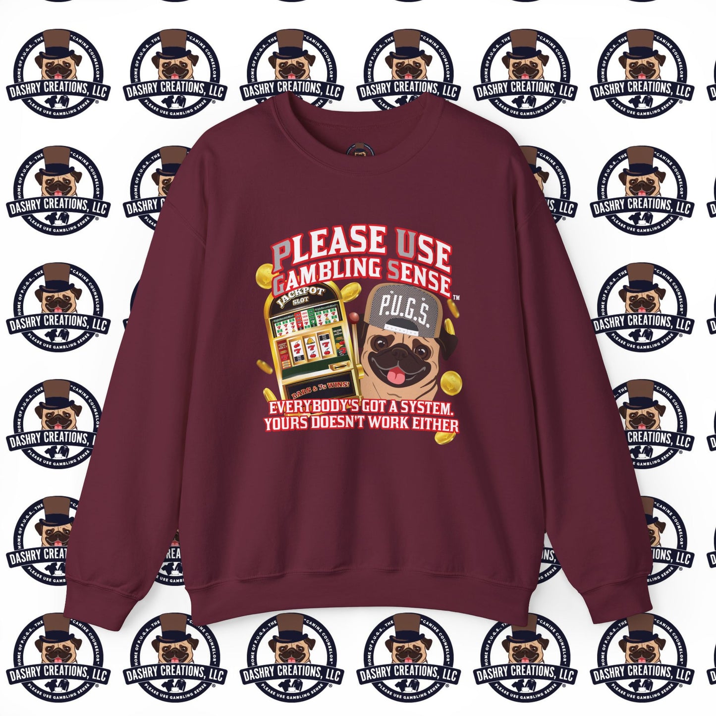 Slots “Everybody’s Got A System” Tan & White Backwards Baseball Cap Unisex Heavy Blend™ Crewneck Sweatshirt