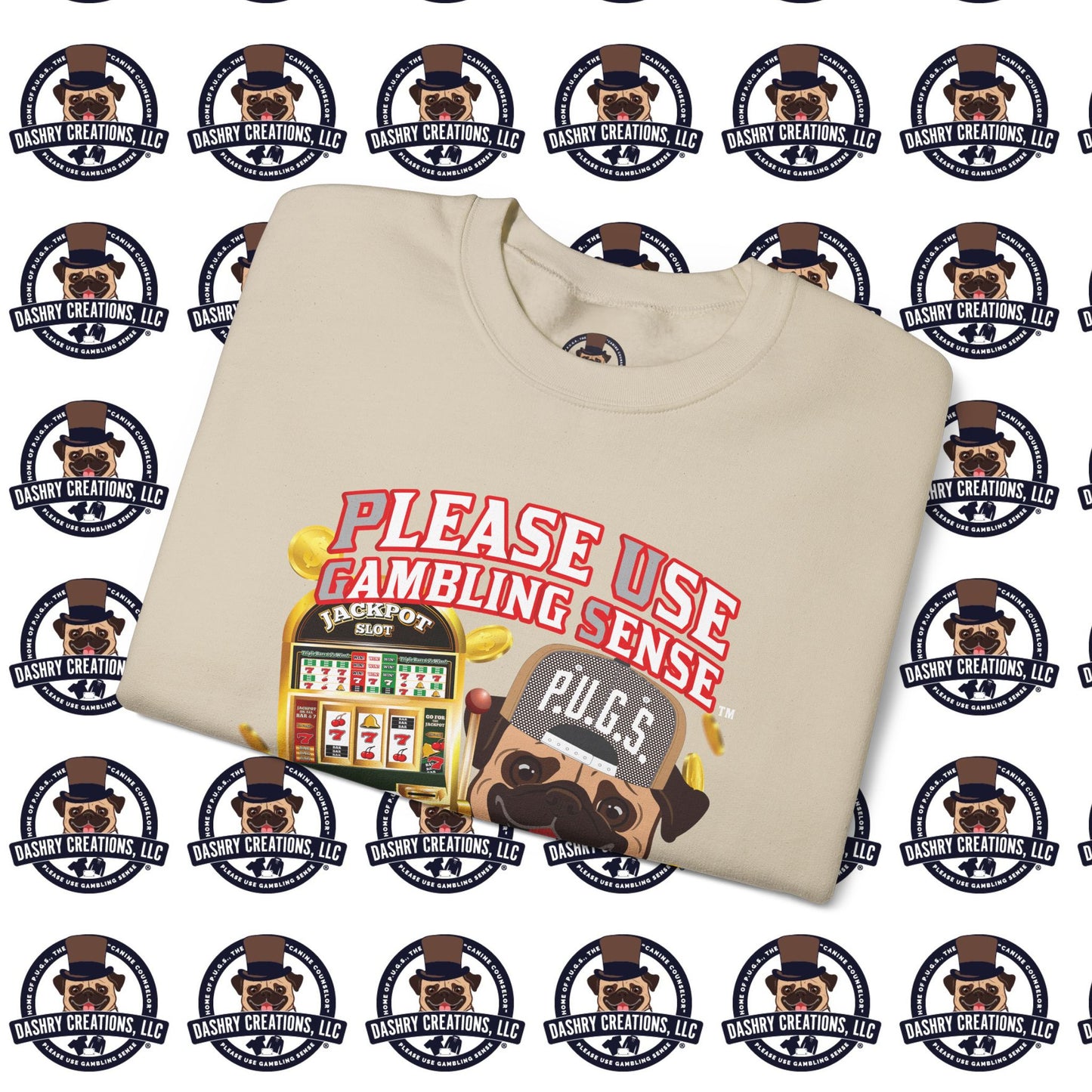 Slots “Everybody’s Got A System” Tan & White Backwards Baseball Cap Unisex Heavy Blend™ Crewneck Sweatshirt