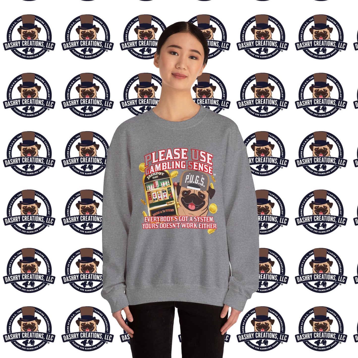 Slots “Everybody’s Got A System” Tan & White Backwards Baseball Cap Unisex Heavy Blend™ Crewneck Sweatshirt