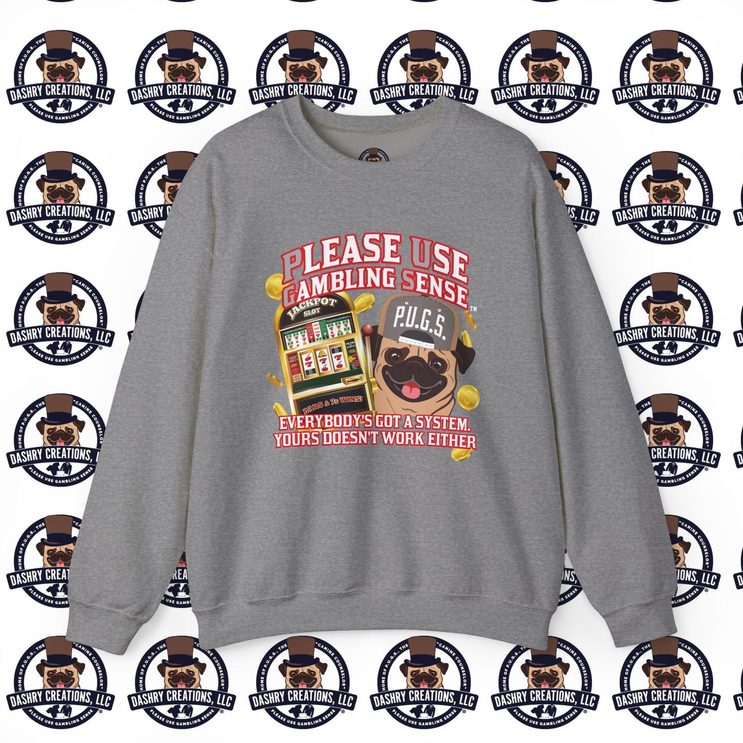 Slots “Everybody’s Got A System” Tan & White Backwards Baseball Cap Unisex Heavy Blend™ Crewneck Sweatshirt