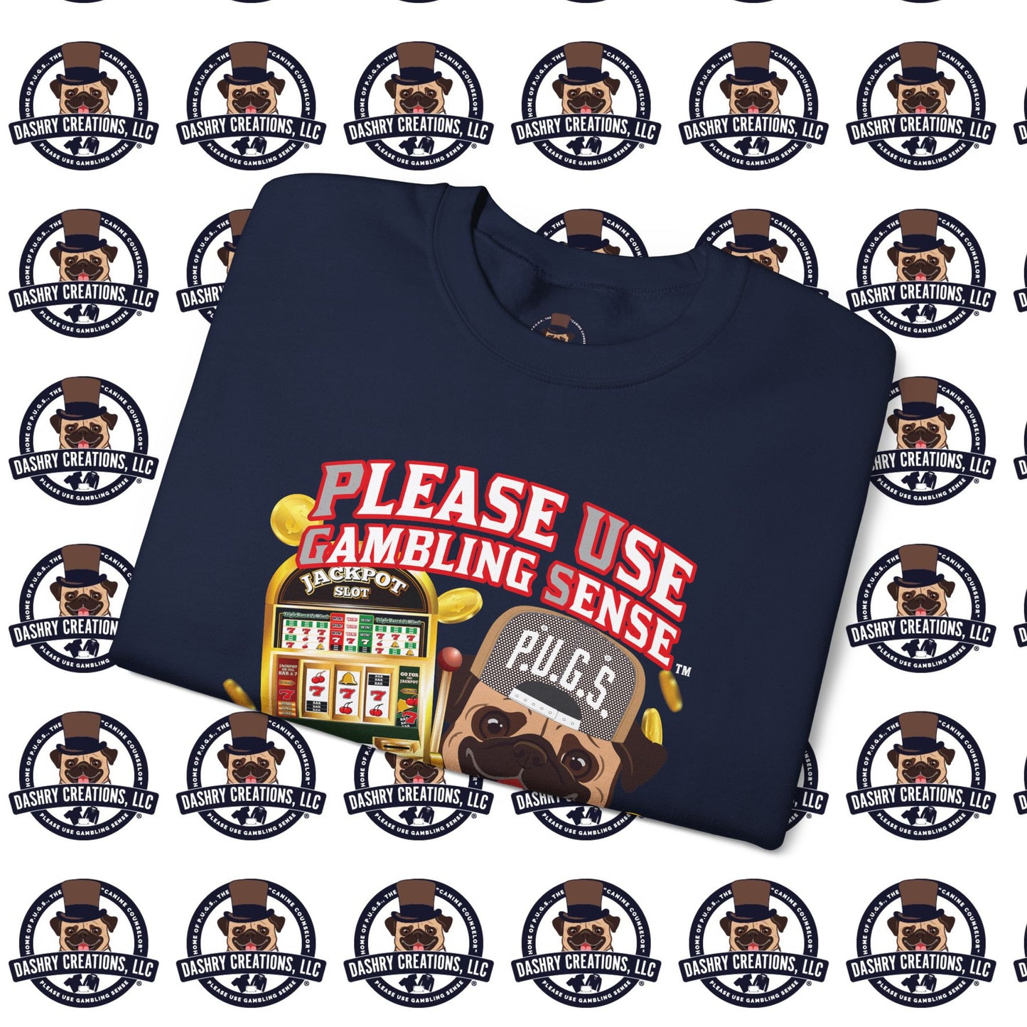 Slots “Everybody’s Got A System” Tan & White Backwards Baseball Cap Unisex Heavy Blend™ Crewneck Sweatshirt