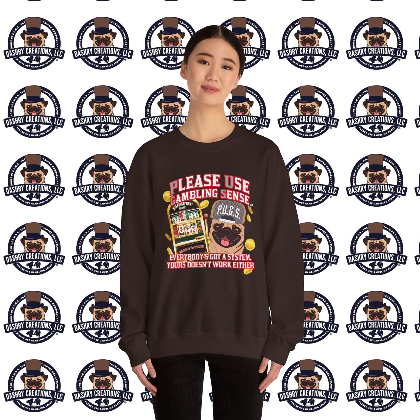 Slots “Everybody’s Got A System” Tan & White Backwards Baseball Cap Unisex Heavy Blend™ Crewneck Sweatshirt
