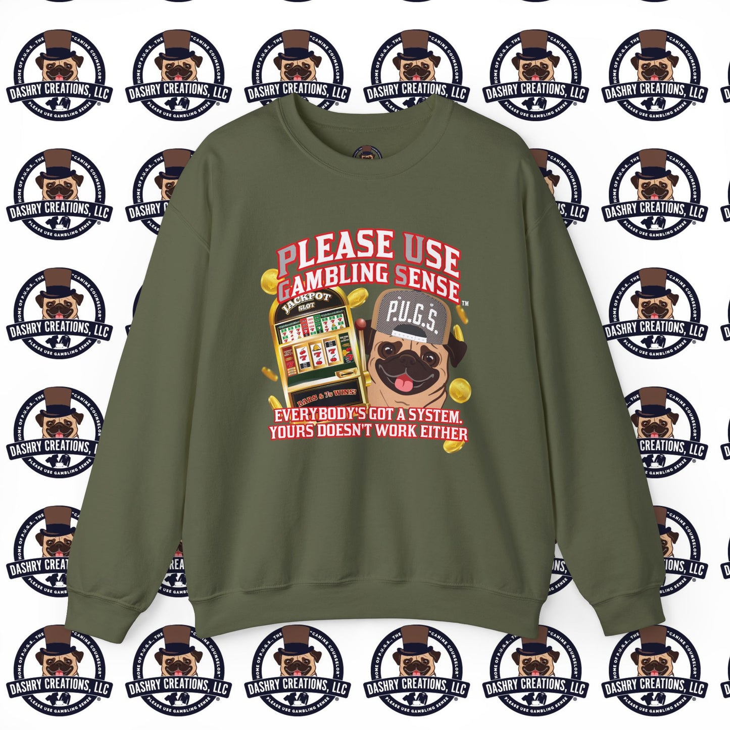 Slots “Everybody’s Got A System” Tan & White Backwards Baseball Cap Unisex Heavy Blend™ Crewneck Sweatshirt