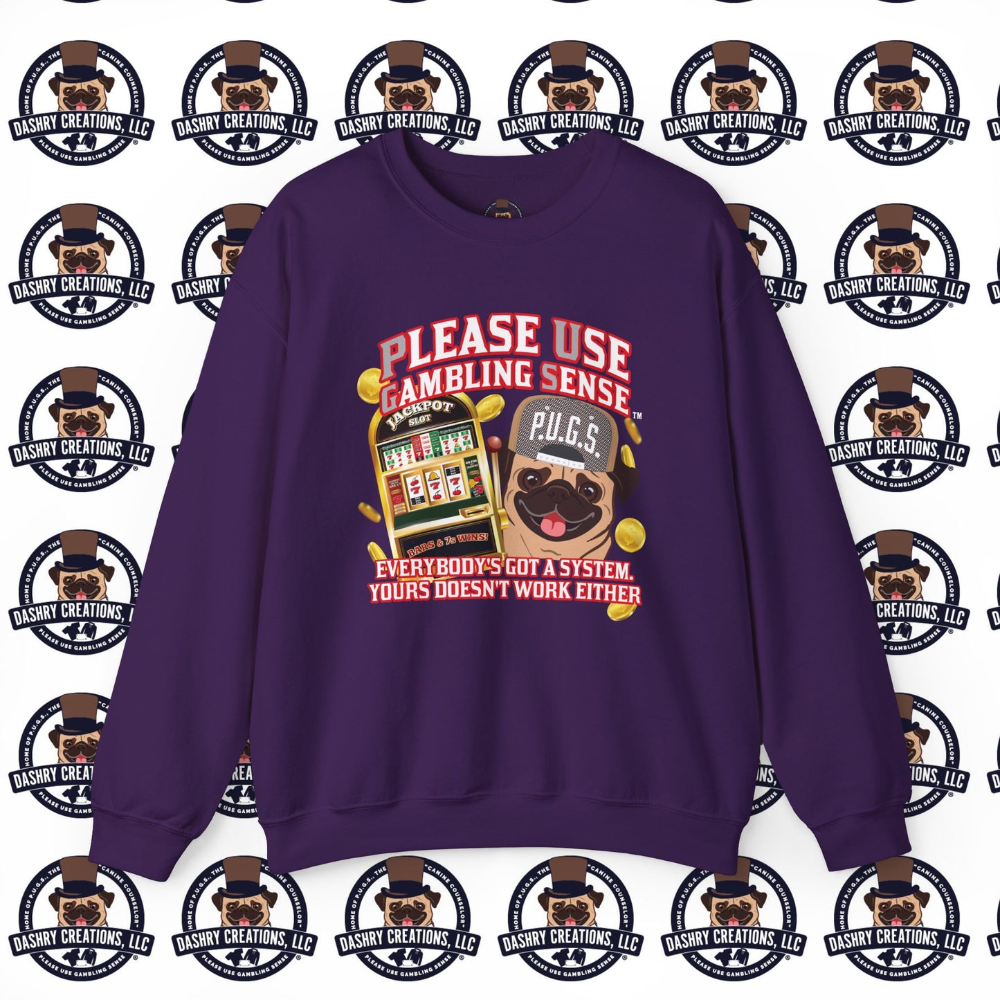 Slots “Everybody’s Got A System” Tan & White Backwards Baseball Cap Unisex Heavy Blend™ Crewneck Sweatshirt