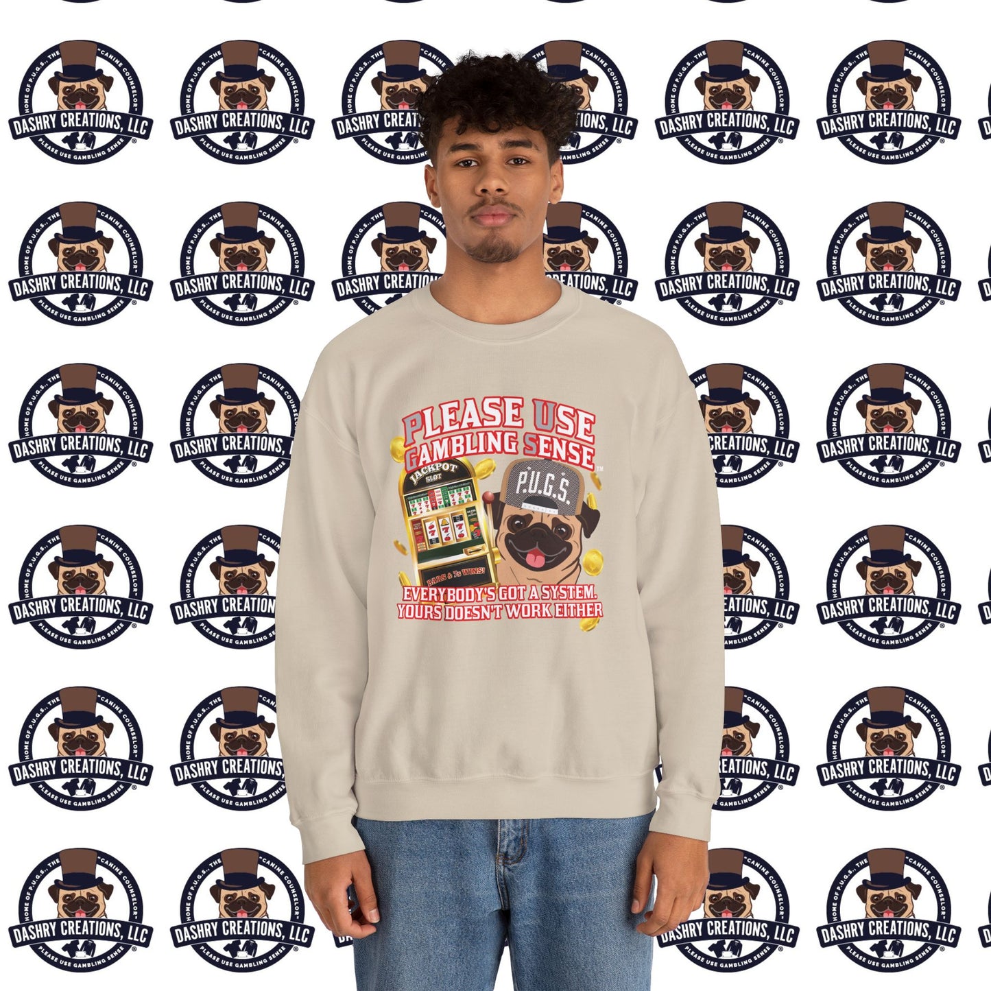 Slots “Everybody’s Got A System” Tan & White Backwards Baseball Cap Unisex Heavy Blend™ Crewneck Sweatshirt