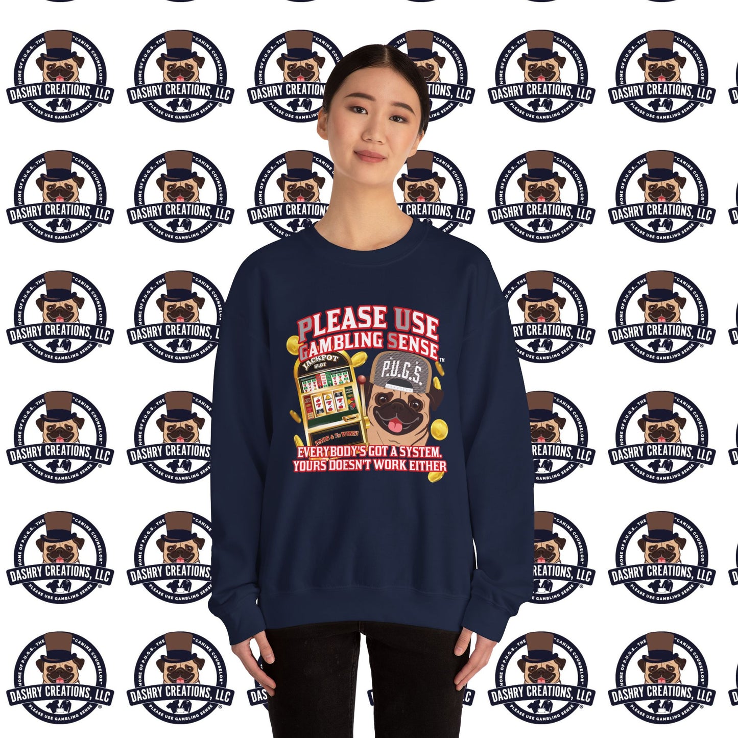 Slots “Everybody’s Got A System” Tan & White Backwards Baseball Cap Unisex Heavy Blend™ Crewneck Sweatshirt