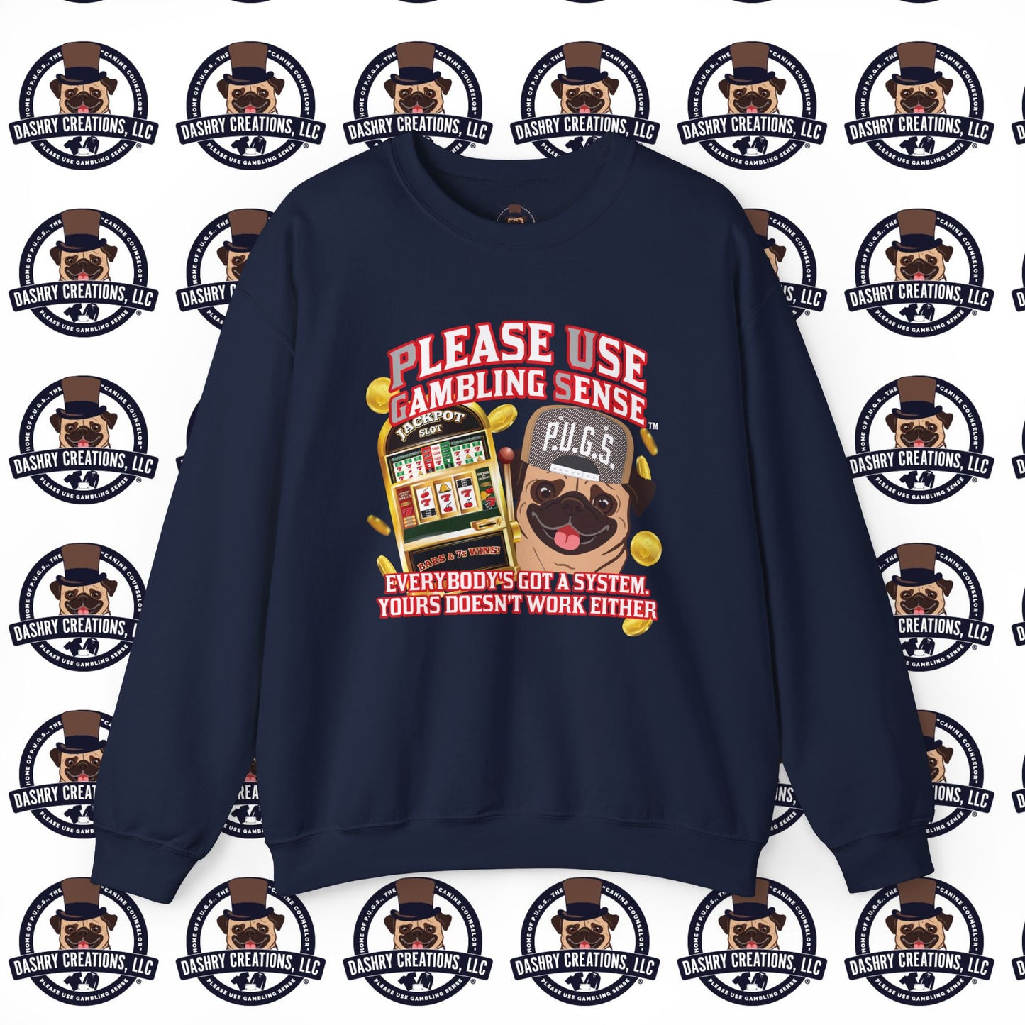 Slots “Everybody’s Got A System” Tan & White Backwards Baseball Cap Unisex Heavy Blend™ Crewneck Sweatshirt