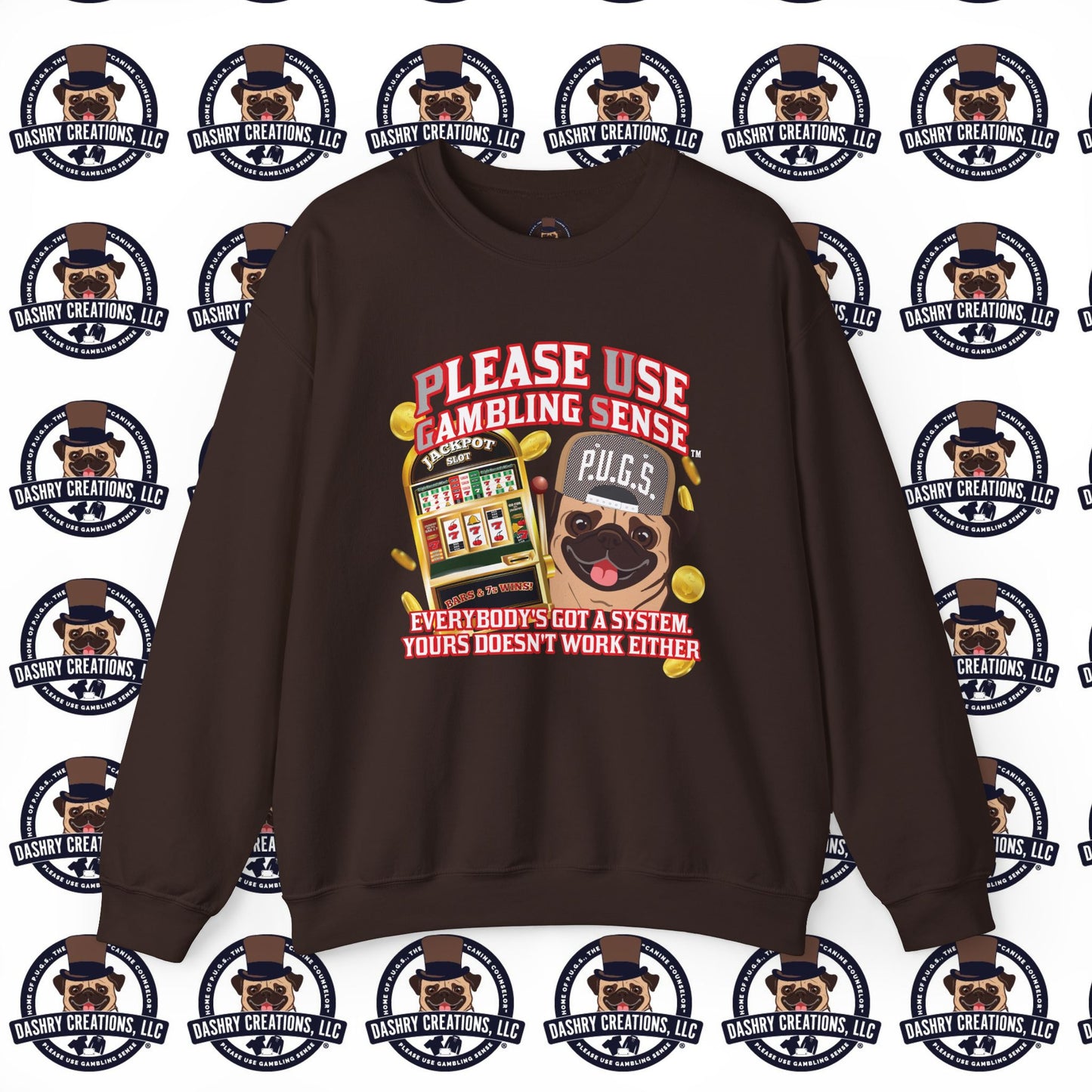 Slots “Everybody’s Got A System” Tan & White Backwards Baseball Cap Unisex Heavy Blend™ Crewneck Sweatshirt