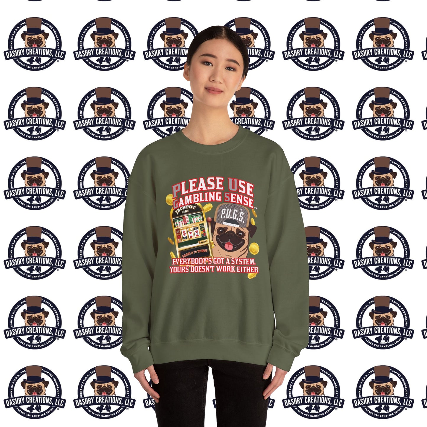 Slots “Everybody’s Got A System” Tan & White Backwards Baseball Cap Unisex Heavy Blend™ Crewneck Sweatshirt