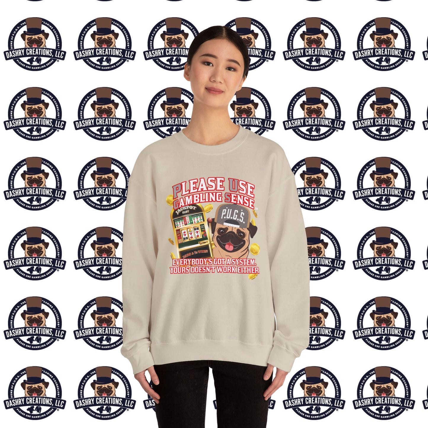 Slots “Everybody’s Got A System” Tan & White Backwards Baseball Cap Unisex Heavy Blend™ Crewneck Sweatshirt